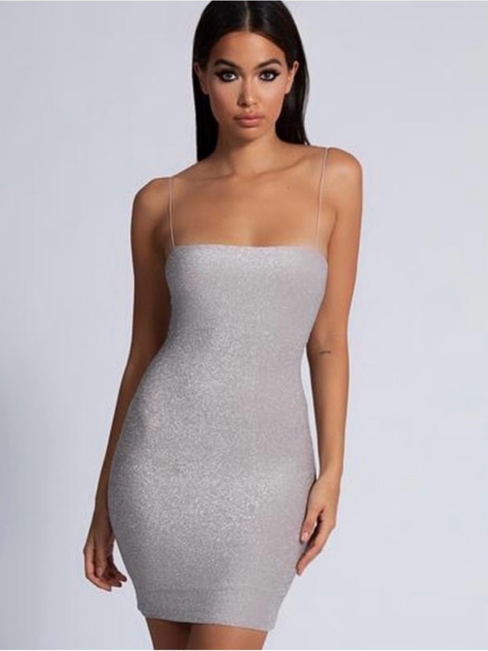 MESHKI Mia Silver Shimmer Glitter Bodycon Mini Dress XS